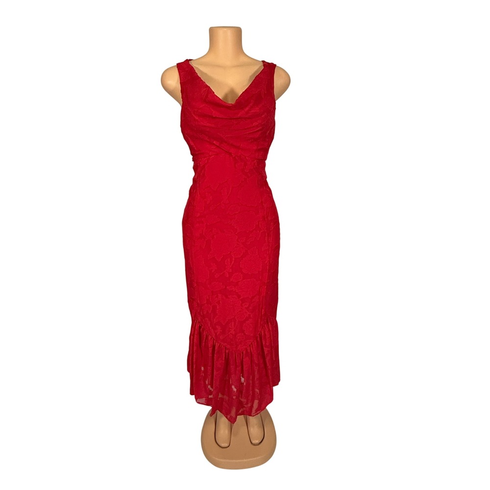 Taylor Red‎ Floral Jacquard Cowl Neck Ruffle Hem Midi Dress 6 NEW 4106MK